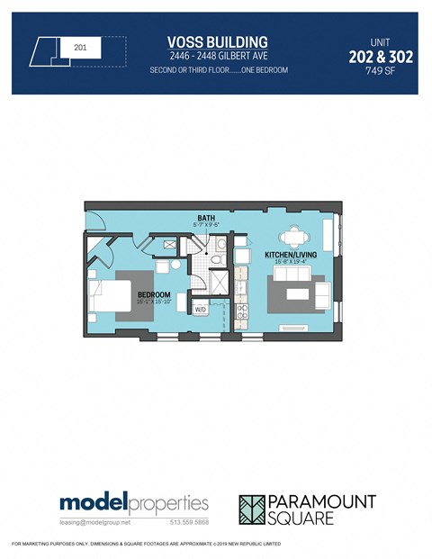 Floor plan for 1 bed, 1 bath, 749 sqft